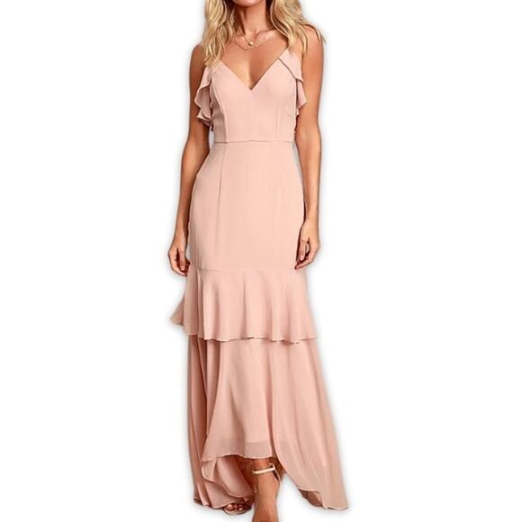 Lulus Mermaid Maxi Dress Gown Cherish The Moment Lined Maxi Ruffle Pink XS NWOT - Picture 1 of 10